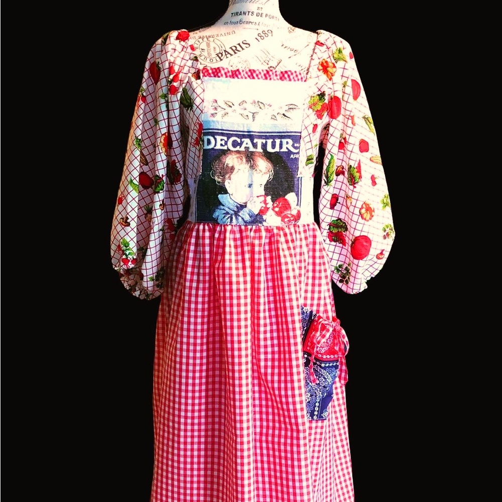 Handmade vintage tea towel dress puff sleeve midi cotton shabby art to wear boho